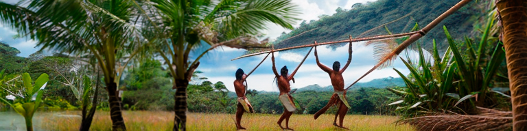 Imagem de indígenas ancestrais colhendo açaí na floresta amazónica. 