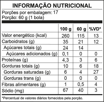 Tabela nutricional do Creme de Tapioca com Coco Eco Fresh – porção de 60 g